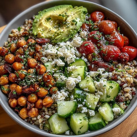 Vibrant Ancient Grains Bowl with vibrant farro, quinoa, and chickpeas, perfect for lunch.