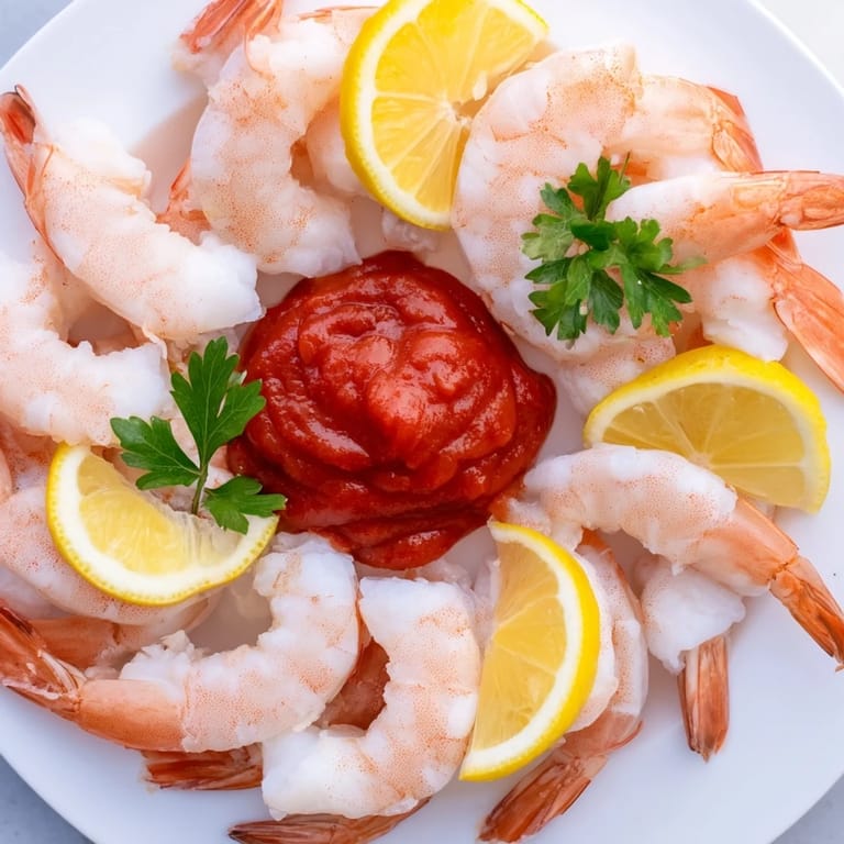 Freshly made shrimp cocktail, featuring pink cooked shrimp with a vibrant, flavorful cocktail sauce.