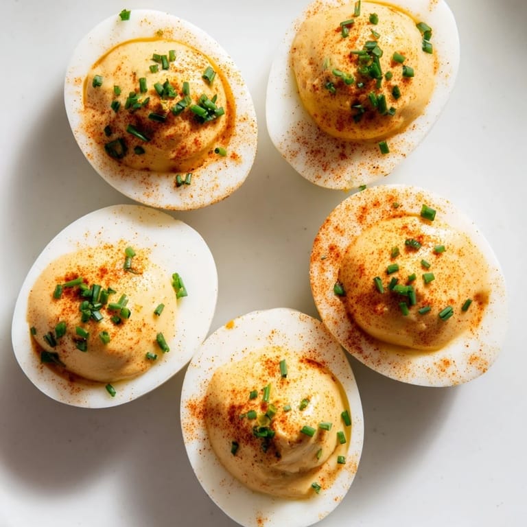 These creamy deviled eggs showcase a party-perfect American classic, garnished with a sprinkle of paprika.