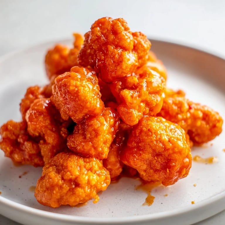 Golden-brown buffalo cauliflower wings ready to be dipped, perfect for game day snacking.
