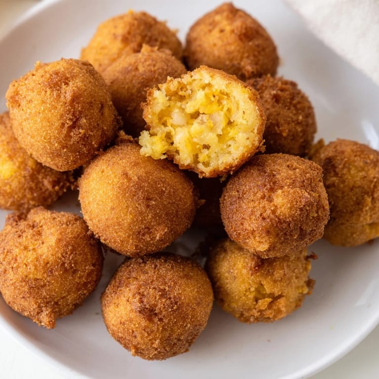 Close-up of freshly fried hushpuppies, showing a golden crust and savory, tender inside.
