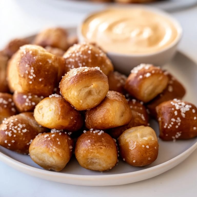 A close-up of pretzel bites and cheese dip: a perfect snack with delicious, melty cheese!