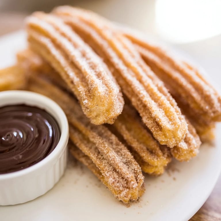Crispy, fresh churros piled high, showing their delightful shape, perfect with a decadent chocolate sauce.