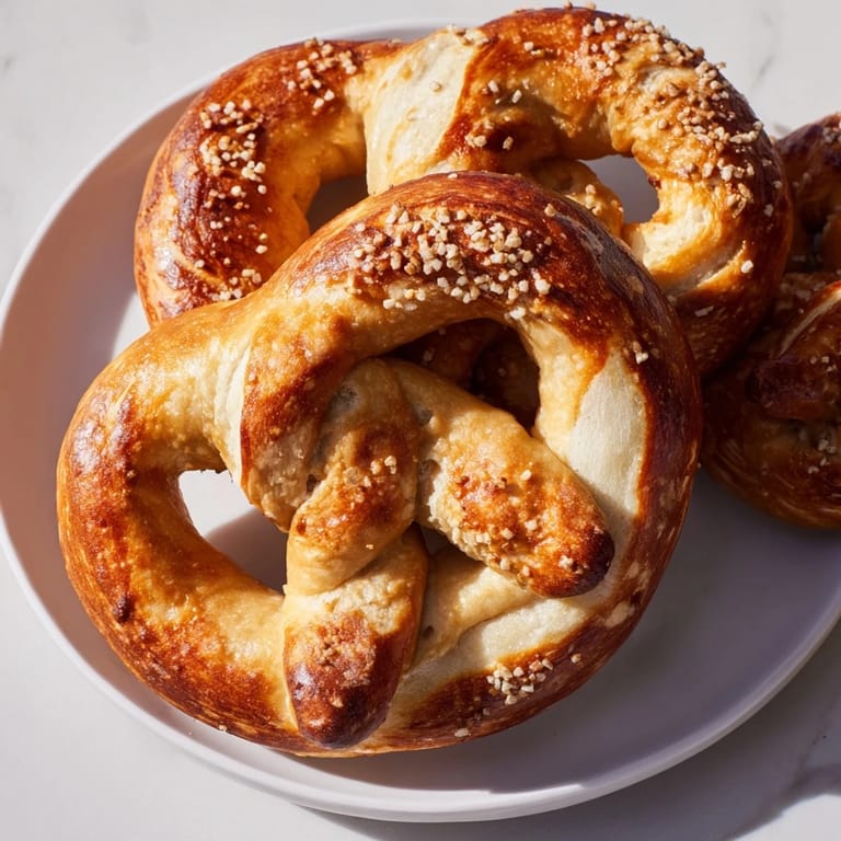 Warm, chewy Soft Pretzels, sprinkled with coarse salt, are a perfect appetizer for sharing at home.