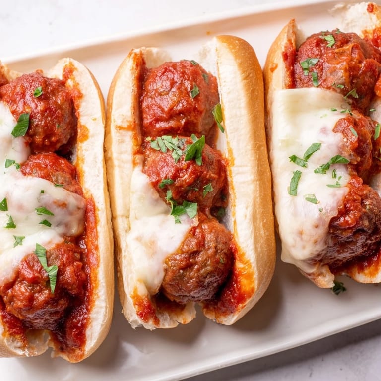 A close-up of a bubbling meatball sub, showcasing a warm marinara-soaked Italian feast.