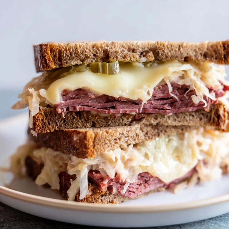 Grilled Reuben sandwich halved, showcasing layers of savory ingredients ready to eat now!