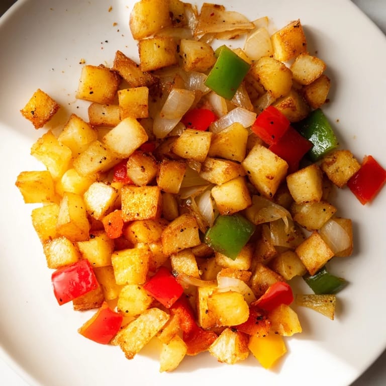Sizzling home fries, loaded with peppers and onions, offering a delicious diner-style breakfast side.