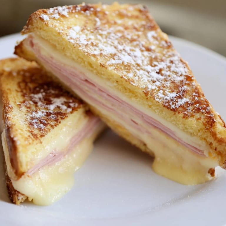 Crispy and golden, a decadent Monte Cristo sandwich is artfully sliced, ready to eat.