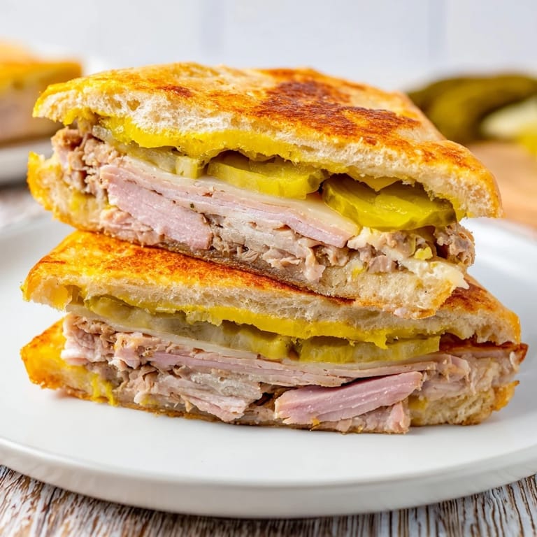 A perfectly grilled Cuban Sandwich with visible layers of pork, cheese, and pickles, ready to eat.