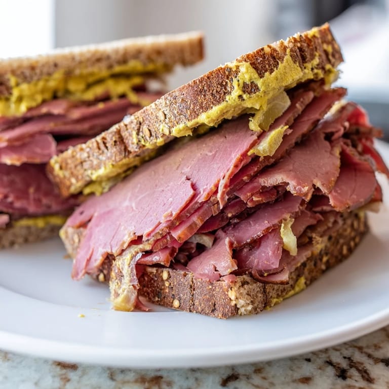 A close-up of a generously stacked Pastrami on Rye, showcasing soft rye and perfectly sliced pastrami.