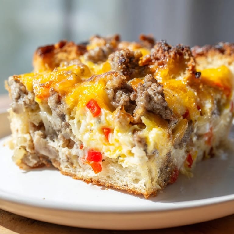 A close-up of a bubbling Breakfast Sausage Casserole with browned edges, ready to serve for brunch.