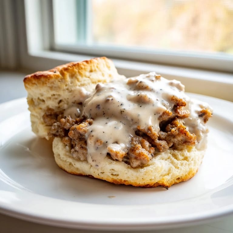 Creamy, peppery sausage gravy blankets freshly baked biscuits in this Biscuits and Gravy photo.