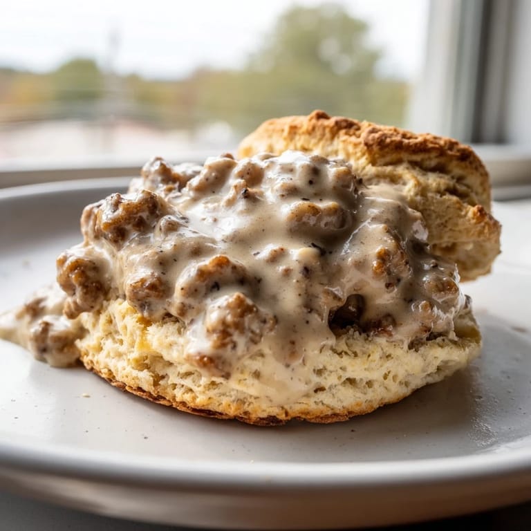Close-up of Biscuits and Gravy, showcasing a perfect pairing for a hearty Southern meal.