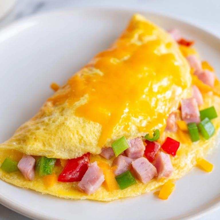 A perfectly cooked Denver Omelet, featuring tender vegetables and rich cheese, ready to be enjoyed.