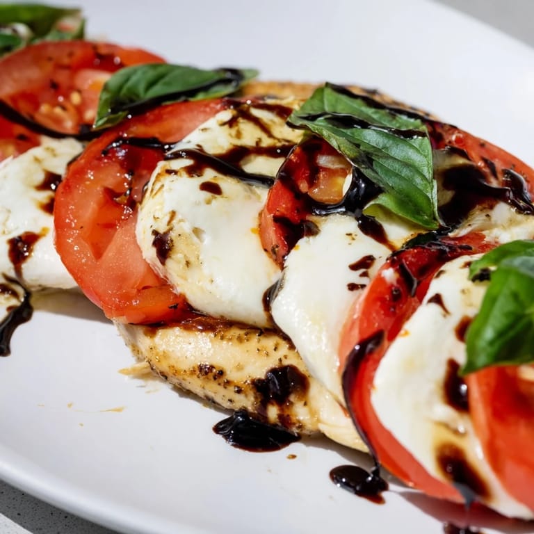 A close-up of Caprese Chicken Skillet reveals bubbling cheese, vibrant tomato slices, and fresh basil on a savory, one-skillet Italian dinner.