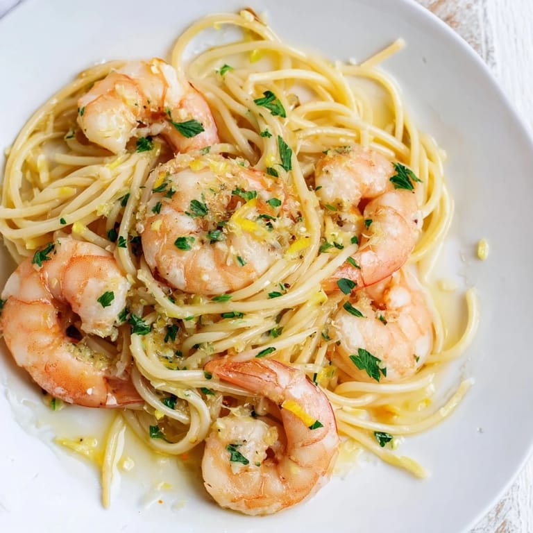 A close-up of perfectly cooked spaghetti and tender shrimp in a zesty lemon garlic butter sauce, ready to enjoy.