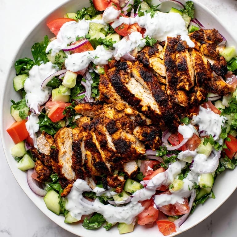 A hearty serving of chicken shawarma salad, featuring tender meat and a tangy, garlicky dressing.