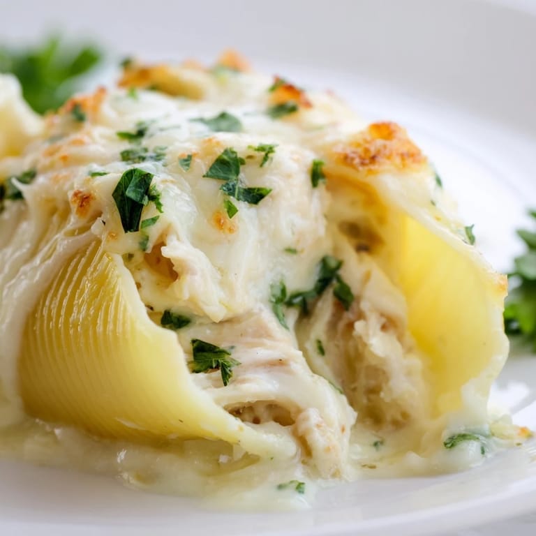 Hearty Chicken Alfredo Stuffed Shells feature melted mozzarella and Parmesan, baked to perfection for a comforting Italian-American family dinner.