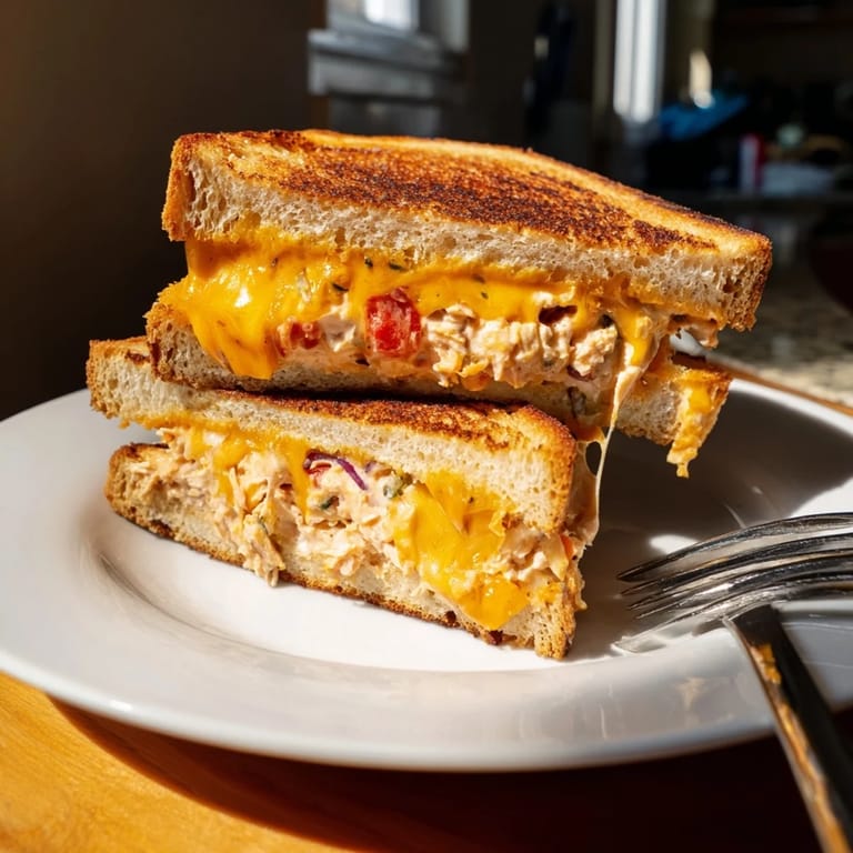 A close-up of a spicy tuna melt on toasted sourdough, featuring a thick layer of gooey melted cheese.