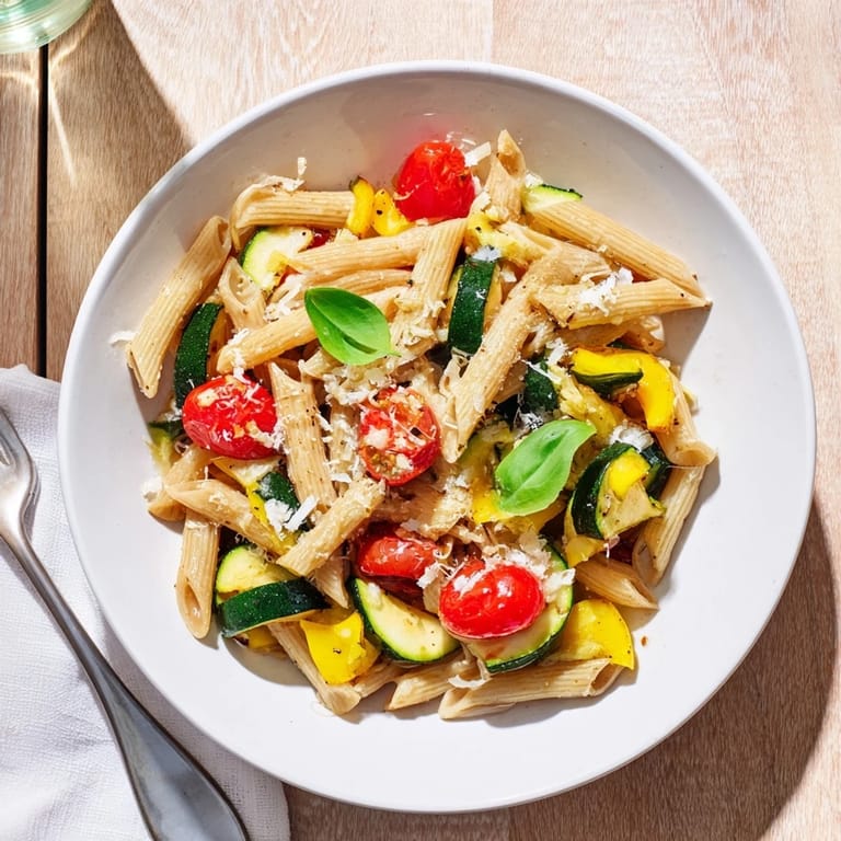 Garden Veggie Pasta served in a white bowl, garnished with basil and lemon zest, ready to enjoy with a crisp white wine.