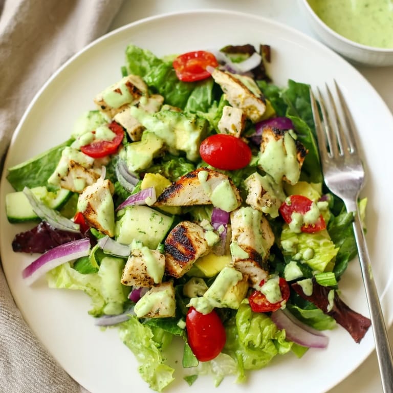 Served chilled, this Avocado Ranch Chicken Salad combines tender chicken, fresh greens, and a creamy, herbaceous dressing for a refreshing meal.