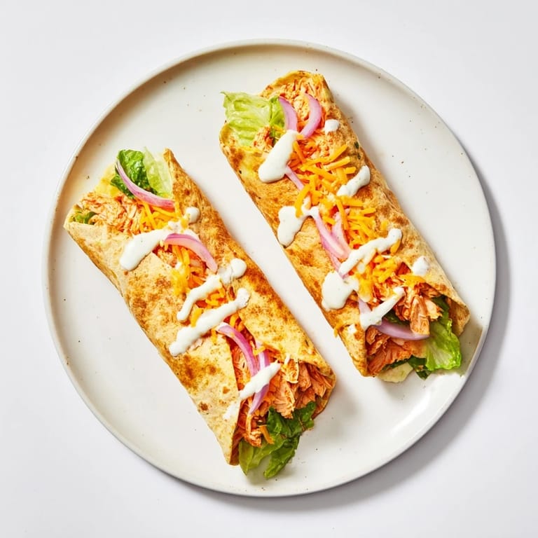 Close-up of a Buffalo Ranch Chicken Wrap stuffed with juicy buffalo chicken, ranch dressing, shredded cheddar, and fresh red onion for a tangy bite.