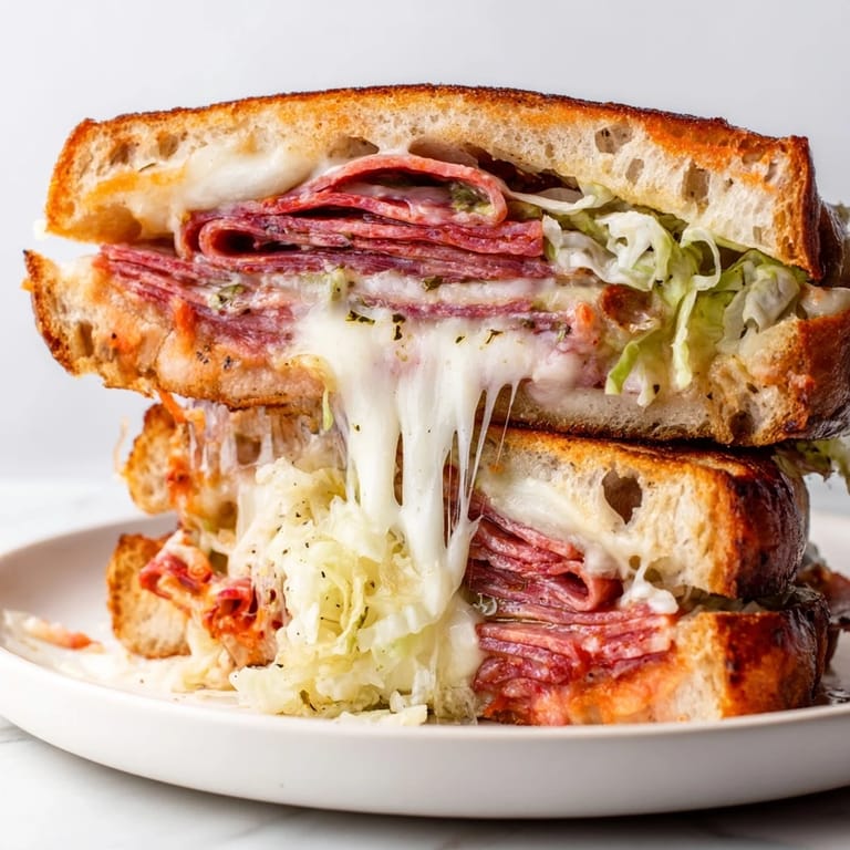 Close-up of an Italian Sub Grilled Cheese, showing melted cheese oozing from grilled bread with bright shredded lettuce and pepperoncini peeking out.