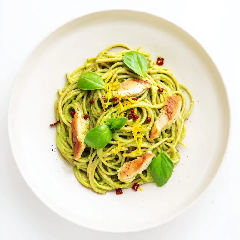 Golden grilled chicken breast slices rest atop creamy avocado chicken pasta, garnished with lemon zest and Parmesan on a rustic plate.