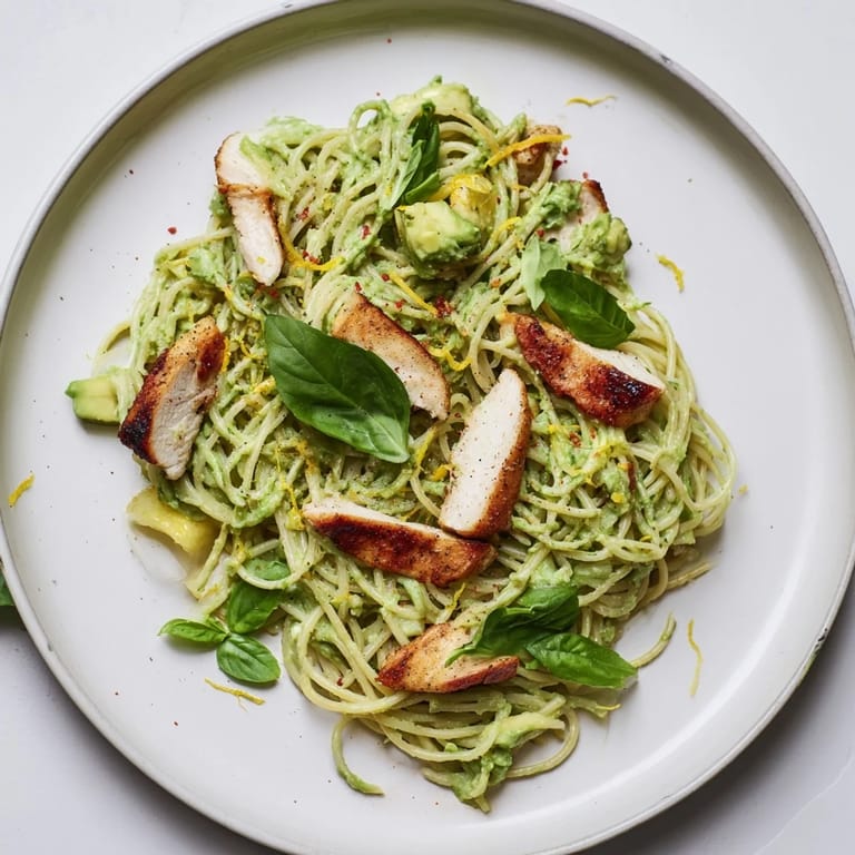 A close-up of creamy avocado chicken pasta reveals a luscious sauce with vibrant green hues, served with grilled chicken and a glass of white wine.