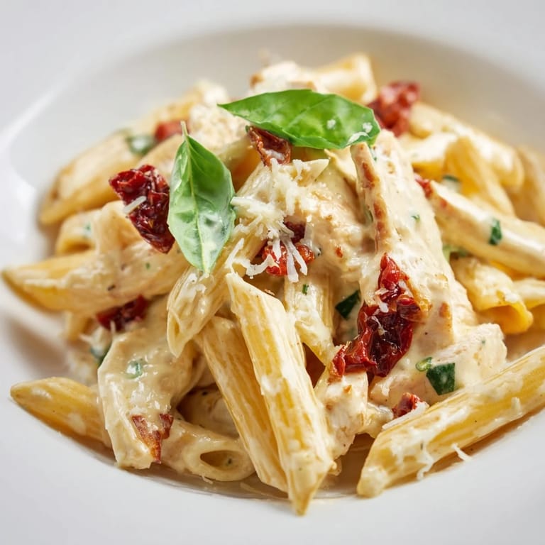 A close-up of creamy Sun-Dried Tomato Chicken Pasta with penne, featuring golden chicken strips and vibrant tomato pieces in a rich, garlicky sauce.