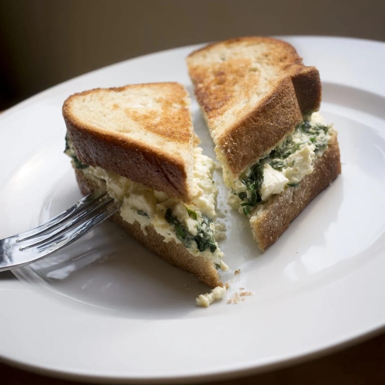 A half-bite of Feta & Spinach Stuffed Grilled Cheese shows melted mozzarella and garlicky spinach oozing from thick sourdough bread slices.