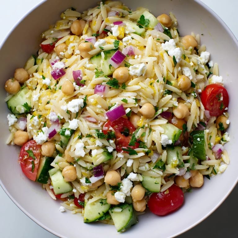 Close-up view of Lemony Chickpea Orzo Salad in a ceramic bowl, showcasing glossy olive oil and lemon vinaigrette coating each ingredient.