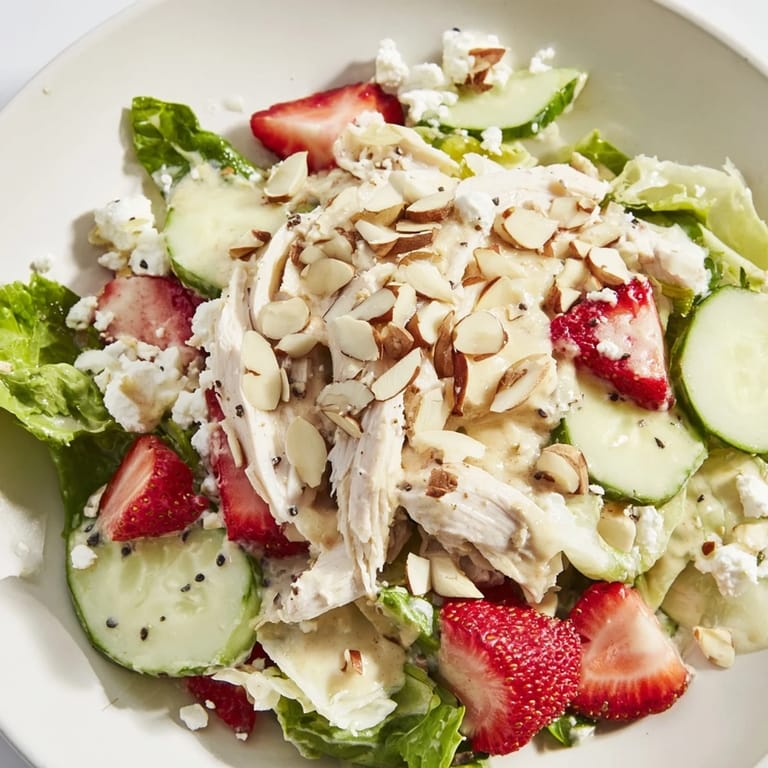Tender shredded chicken, sweet berries, and toasted almonds create a colorful, gluten-free salad bowl.