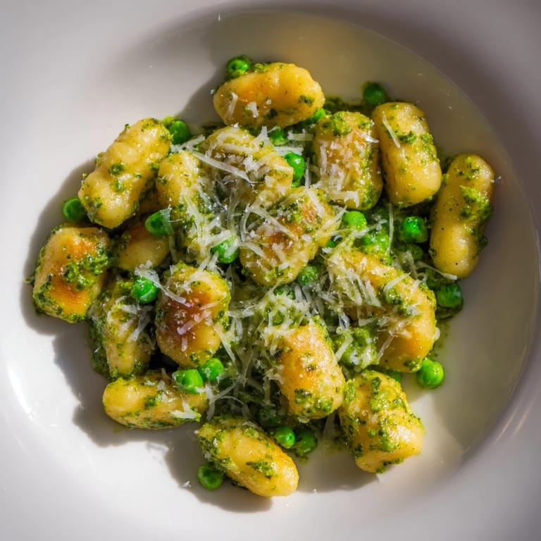 A rustic white serving bowl holds the fragrant Pesto Pea Gnocchi Skillet garnished with fresh basil and grated Parmesan.  
