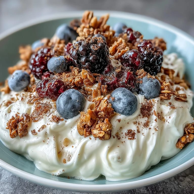 A cozy, winter-inspired yogurt bowl with berries and cinnamon-ginger spiced crunchy oat topping.  