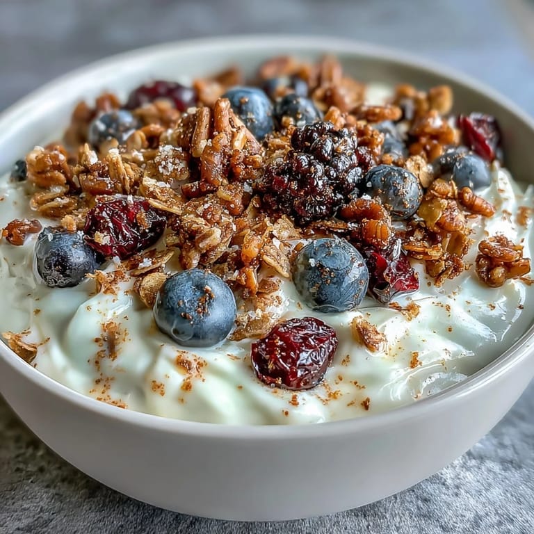 Fresh winter berries and spiced crunch crown this probiotic yogurt bowl for a cozy, gluten-free breakfast.