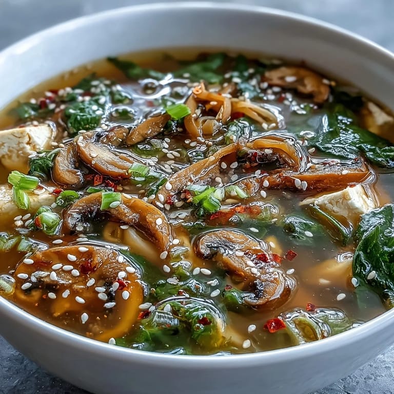 A close-up view of nourishing Ginger-Miso Winter Soup featuring napa cabbage, carrots, and savory shiitake mushrooms.