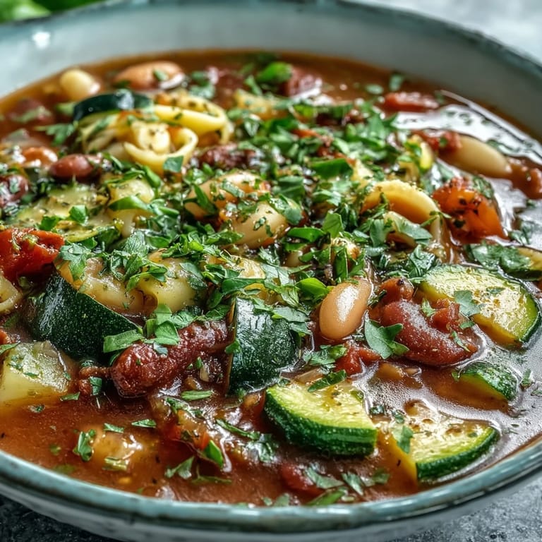 A rustic pot of Minestrone Soup simmering on the stove, brimming with colorful vegetables like carrots, zucchini, and green beans.