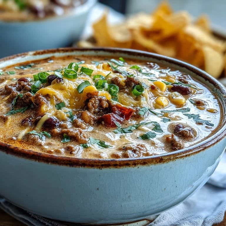 Creamy Taco Soup simmering in a Dutch oven, featuring ground beef, tomatoes, corn, and black beans with a rich texture.  