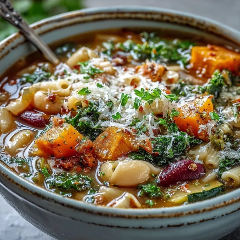 Hearty Italian Winter Minestrone Soup simmering in a pot, featuring colorful vegetables, pasta, and a rich, aromatic vegetable broth.