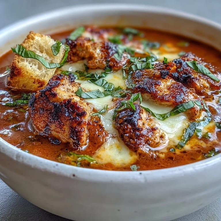 Savory Grilled Chicken Parmesan Soup featuring tender grilled chicken, carrots, and celery, finished with a cheesy, golden-brown crust.
