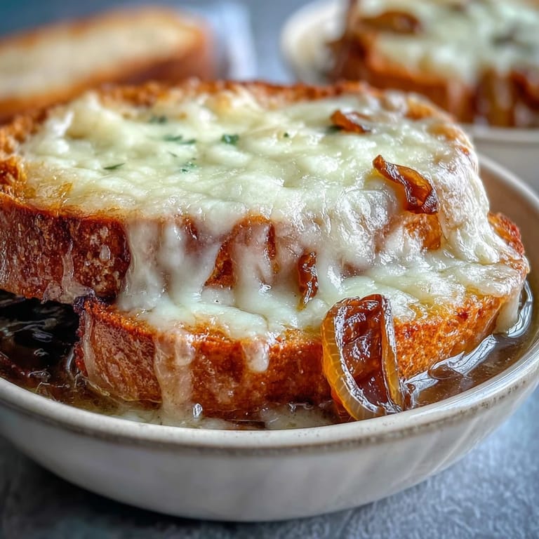 Golden, broiled Gruyère cheese crowns Dutch Oven French Onion Soup in a rustic oven-safe bowl.