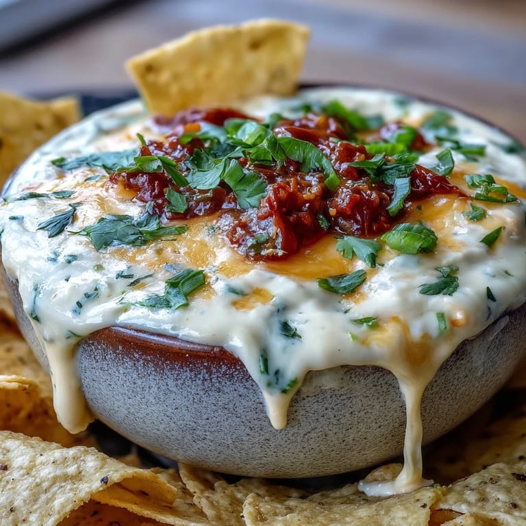 Bubbling, velvety Queso Dip is served in a rustic bowl with crisp tortilla chips, perfect for a Super Bowl party or game day appetizer spread.