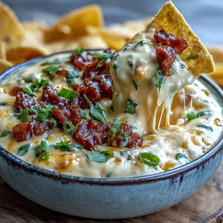 Rich and creamy Queso Dip garnished with fresh green onions and diced tomatoes, offering a cheesy, spicy dip ready for dipping crunchy tortilla chips.