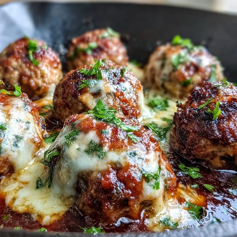 Golden-baked Cheesy, Garlicky Meatballs With Marinara nestled on spaghetti, ready to be enjoyed with extra Parmesan and fresh basil.