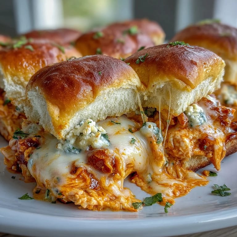 Warm, gooey sliders split open to reveal a zesty Buffalo chicken pizza dip filling, perfect for a game day snack or party appetizer.