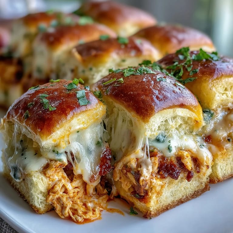 A serving platter of homemade Pizza Dip Sliders with bubbly cheddar cheese topping and fresh parsley garnish, ready to enjoy.