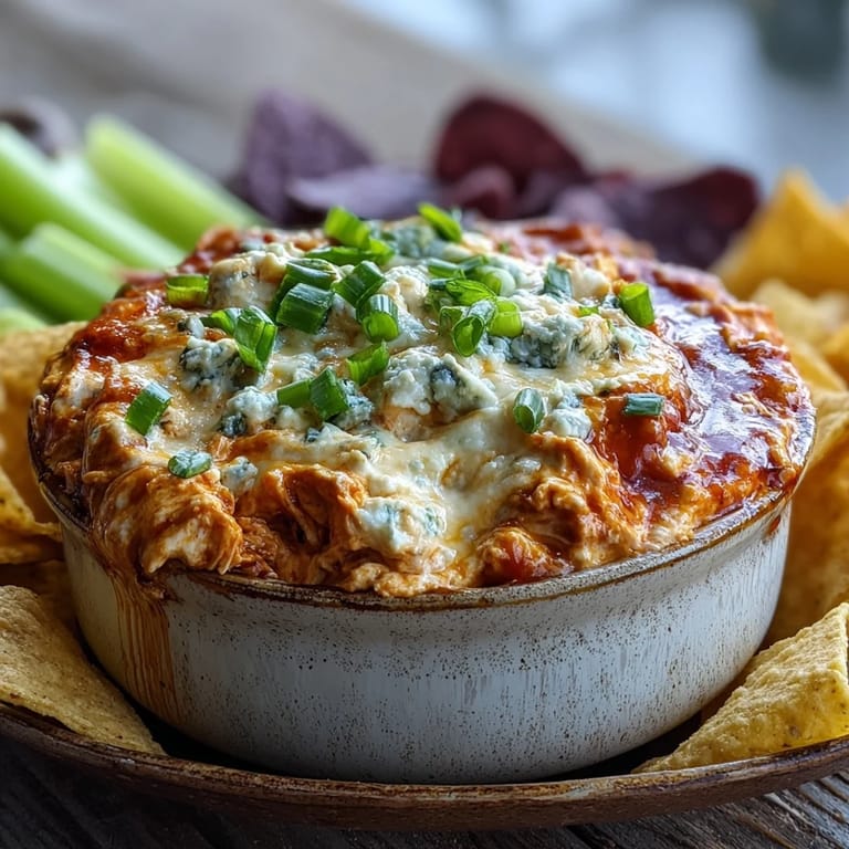 Spicy Crock Pot Buffalo Chicken Dip served warm from the slow cooker, surrounded by sturdy tortilla chips and crisp celery sticks.