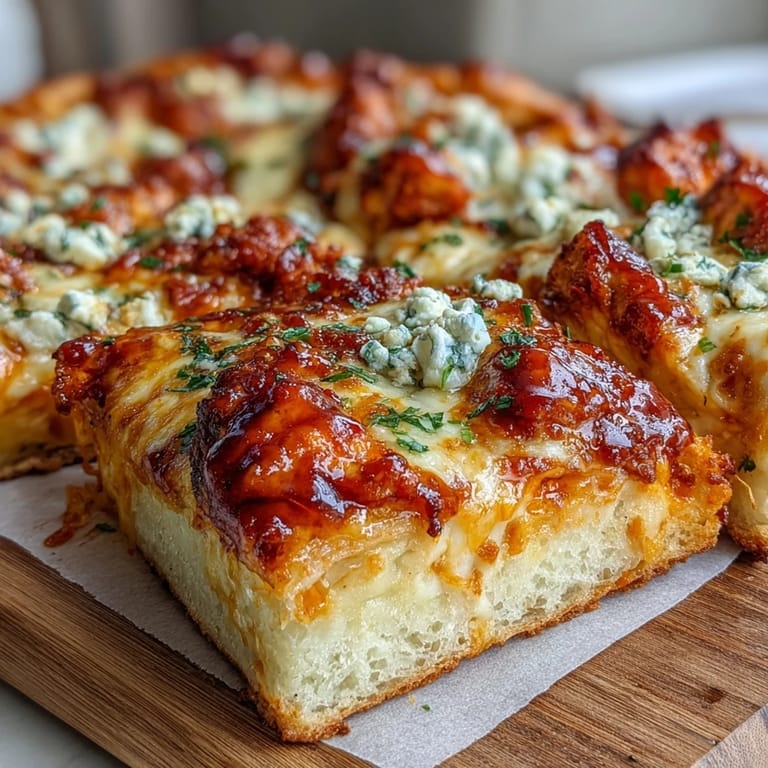 Freshly baked Buffalo Chicken Pizza cut into slices, served with celery sticks for a classic tangy heat pairing.