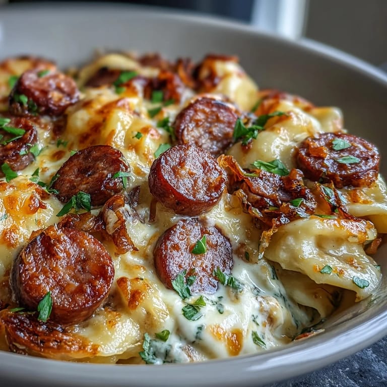 A hearty scoop of cheesy Crockpot Pierogi Casserole With Kielbasa rests on a plate next to a dollop of sour cream.